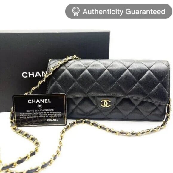 Authentic CHANEL Lambskin Quilted Leather Wallet Chain Flap Black Purse Tote - Picture 1 of 10